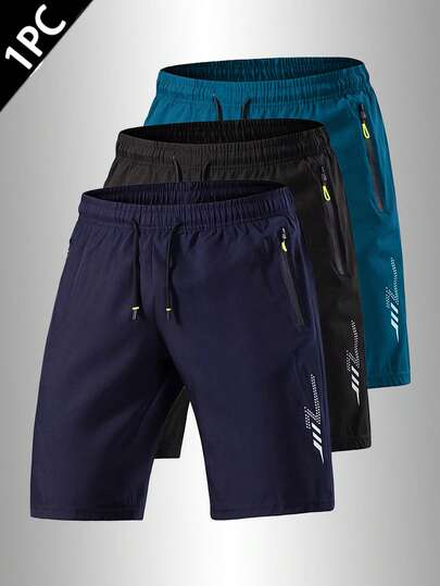 Men's Loose Fit Quick-Dry Sports Shorts, Single Pack, Featuring Reflective Stripes Design, With Pockets, Zipper And Drawstring Waist, Suitable For Gym, Running And Outdoor Activities