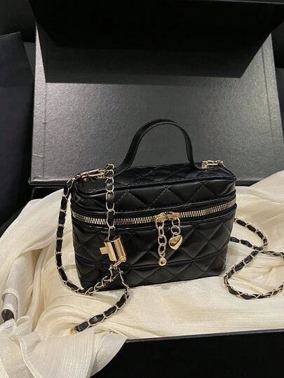 1pc 2026 New Solid Color Diamond Quilted Box Bag With Heart Charm Detachable Chain Strap, Fashionable Mini Handbag/Makeup Bag, Elegant Accessory Wallet Suitable For Daily, Casual, Commute, Shopping, Party, Gift