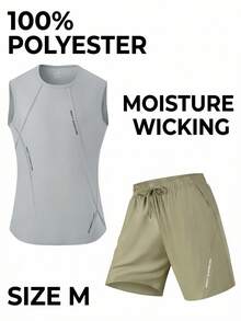 2pcs/Set Men's Casual Outdoor Sports Suit, Includes Sleeveless Top And Shorts, Training Fitness Running Sportswear Set - Khaki - View 9