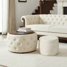 Luxurious Set Of 2 Stackable Velvet Stools, 4-In-1 Function, Round Stool With Wooden Shelf And Storage Space, No Assembly Required, Beige Color (58cm X 58cm X 38cm). - Beige - View 12