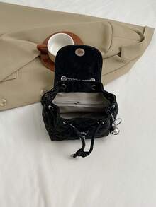Faux Leather Solid Color Diamond Quilted Chain Strap Backpack For Women - Black - View 6