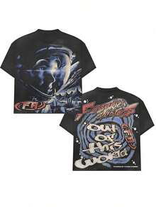 Black Tee With "Astronaut" Graphic, Retro Futuristic Fashion,Double-Sided Personalized Printed Pure Cotton Durable   Choice Versatile Short-Sleeved - 黑色 - 查看 16