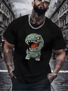 T-shirt streetwear décontracté pour homme, orné d'un motif de dinosaure zombie de dessin animé, idéal pour les activités de plein air. Convient aux hommes et aux femmes. - Noir - Voir 1