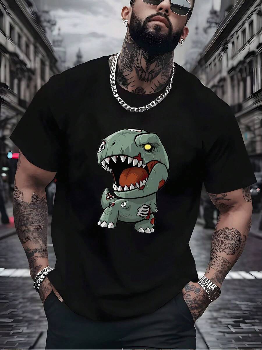 T-shirt streetwear décontracté pour homme, orné d'un motif de dinosaure zombie de dessin animé, idéal pour les activités de plein air. Convient aux hommes et aux femmes. - Noir - Voir 1