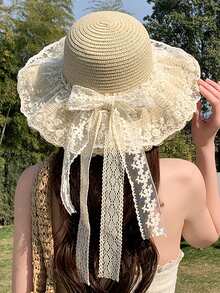 1pc Lace Dual Ribbon Wide Brim Sun Hat For Women, Fresh & Sweet, Suitable For Spring/Summer Vacation, Beach, Outdoor Sun Protection - A - View 10