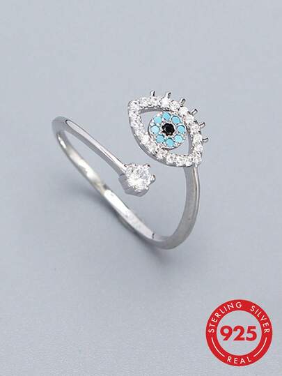 HuooNew 1pc 925 Sterling Silver Adjustable Open Ring With Blue Enamel Devil's Eye Design, Inlaid With CZ Diamonds, Hypoallergenic Delicate Protective Jewelry, Minimalist Daily Wear For Women, Perfect Gift