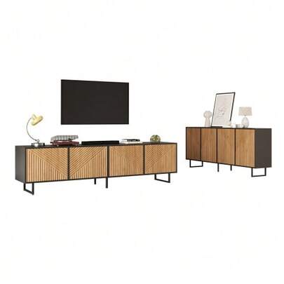 A Living Room Sideboard (160 X 40 X 75 Cm) + A Four-Door TV Unit (180 X 40 X 50 Cm) In Natural Wood Color With Black Details, Suitable For An 80-Inch Television.