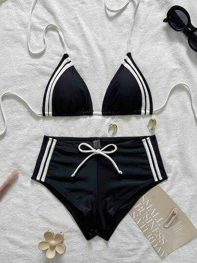 Bộ bikini 2 mảnh phối màu tương phản, kiểu dáng thanh lịch, thắt nút phía sau, thích hợp cho kỳ nghỉ biển, màu đen.