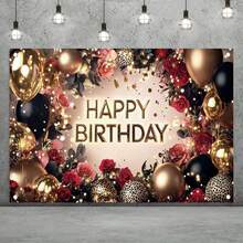 Fondo de fondo de rosa roja y negra con globos dorados para fotografía, decoración de fiesta de cumpleaños, elegantes suministros florales de cumpleaños, accesorios para cabina de fotos, 71 - Rosa roja y negra - Ver 3
