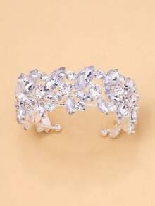 1pc Fashionable Asymmetrical Crystal Leaf Bangle, Versatile Niche Design Luxury Fully Paved Rhinestone Wedding Accessory For Women - Silver - View 3