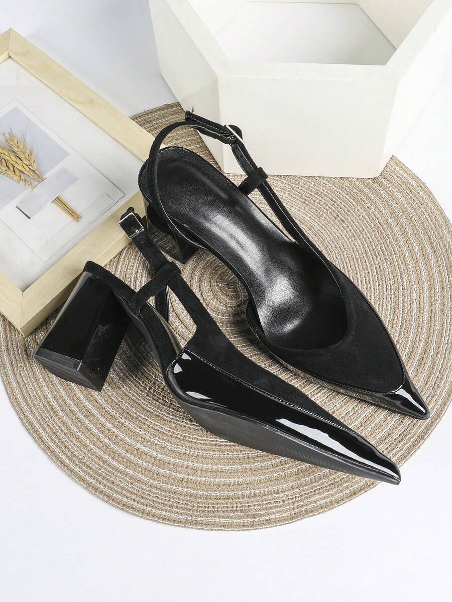 Giày cao gót đen nữ, sandal đế dày, giày hở mũi gót vuông, giày cao gót dự tiệc, giày cưới, giày công sở cao 7cm, giày cao gót quai hậu có khóa và dây đeo mắt cá chân, sandal mũi nhọn. - màu đen - Xem 1