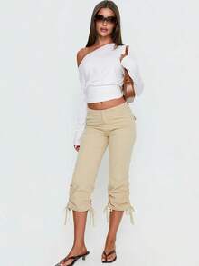Black/Beige Low Rise Cargo Capri Pants, Y2k Drawstring Ruched Casual Cropped Pants, Vintage Streetwear Baggy Capris For Women - Khaki - View 5