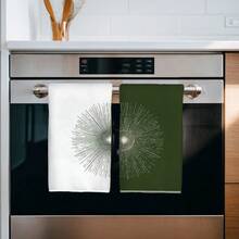 2pcs White & Green Hand-Painted Line Sun Pattern Kitchen Towels, 40*60cm Soft Microfiber Material Tea Towels, Suitable For Home, Kitchen, Restaurant, Outdoor Camping, Tabletop Cleaning, Dish Drying, Gift - Multicolor - View 8