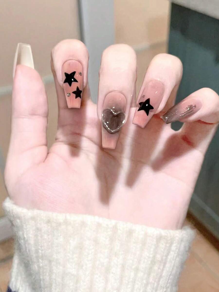 24pcs Rectangular/Trapezoid/Sharp Black Star/Transparent Heart Nail Stickers, Long Coffin Shape Fake Nails - Multicolor - View 1