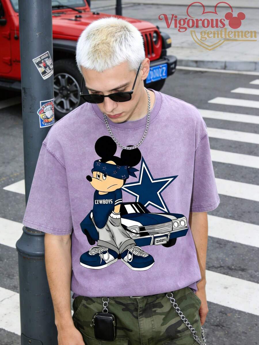 Summer Travel Short Sleeve T-Shirt, Unisex Short Sleeve, Disney Collaboration Mickey Print Casual T-Shirt - 淡紫色 - 查看 1