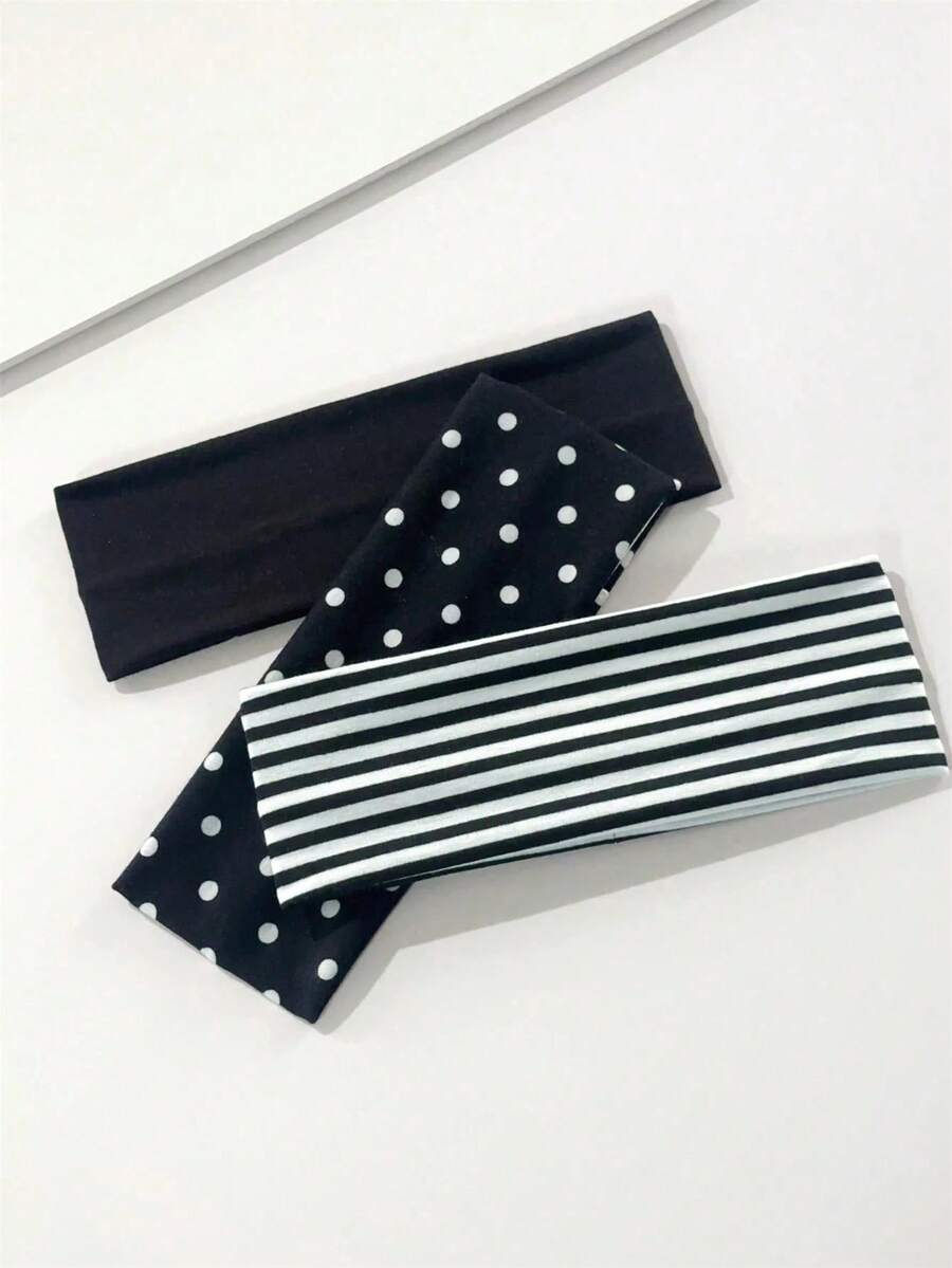 1/3 Pcs Wide Headbands For Women, Stretchy Elastic Hair Bands Non-Slip Workout Sweatbands, Black Solid, Striped & Polka Dot Hair Accessories For Yoga, Running, Daily Wear,Travel,Birthday - Multicolor - View 1