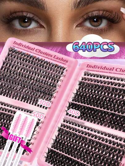640片/套 高容量 30D+40D+50D 卷度 9-16mm D型卷度 自然浓密纤长睫毛簇，可重复使用 DIY 假睫毛套装