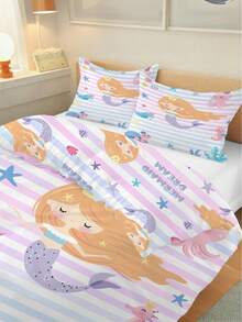Bộ ga trải giường 3 món in hình nàng tiên cá theo yêu cầu, kiểu hoạt hình dễ thương, mềm mại, thoáng khí, có thể đảo mặt, kèm vỏ chăn và vỏ gối, bộ ga trải giường cá nhân hóa cho phòng ngủ bé gái, phòng trẻ sơ sinh, sử dụng hàng ngày quanh năm. - Nhiều màu - Xem 3