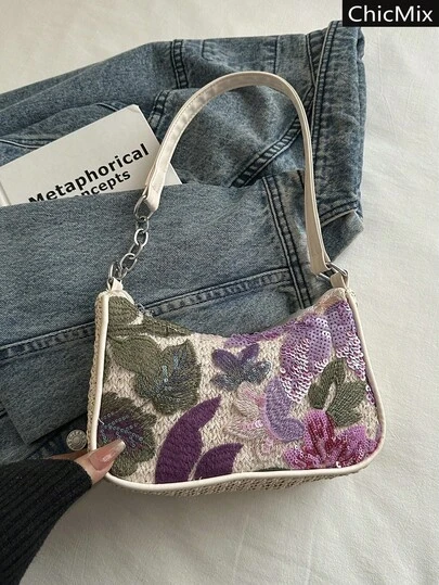 Fashionable New Colorful Flower Embroidered Vacation Style Handbag, Elegant And Versatile Straw Woven Sequin Splicing Women's Shoulder Bag, Suitable For Shopping, Wallets, Shopping, Young Women, College Students, Newcomers And White-Collar Workers. They Are Very Suitable For Offices, Universities, Work, Business, Commuting, Outdoor Activities, Travel, And Outings
