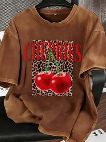 Vintage Tops2026 Summer TopsEs Trus Cotton Summer Women's Funny Graphic Tee, Streetwear Style Leopard Print Cherry Letter Pattern, Comfortable Retro Basic Casual Chic Y2K Tee For Door, Regular Petite Punk Slim Fit Black Round Neck Short Sleeve Washed T-ShirtLoose And ComfortableshirtLoose And Comfortablesummer Clothes Women Retro Clothes Women - 咖啡棕 - 查看 1
