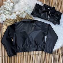 Girls' Faux Leather Jacket With Front Ruffle, Double-Sided Zipper, And Modern Collar – Black And Brown, Sizes 2 To 10 Years - 黑色 - 查看 9