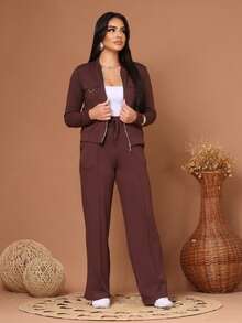 Wide-Leg Pants + Long-Sleeved Jacket In Cool, Lightweight Fleece Fabric For Winter 2026. Zipper. - 鏽棕色 - 查看 2