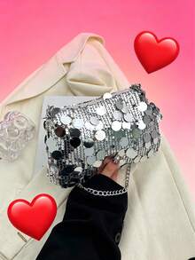 Fashionable Glitter Sequin Rectangle Handbag, New Versatile Zipper Crossbody Bag, Unique Chain Strap Evening Clutch - Silver - View 4