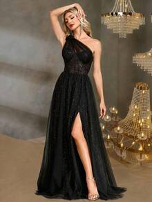 BluePlum Women's Asymmetric One Shoulder Mesh Formal Evening Gown (Heavily Embellished) Wedding Black Spring Party - Black - View 2