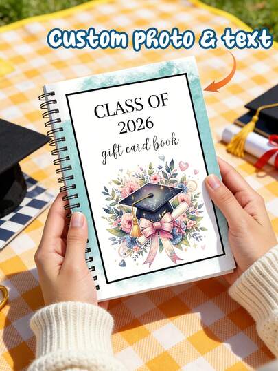 1pc Custom Photo & Text Class Of 2026 Graduation Gift Card Book – Personalized Spiral Notebook With Floral Grad Cap Design | Unique Graduation Gift For High School/College Students | Graduation Party Keepsake,Graduation Party Supplies,Personalized Gifts
