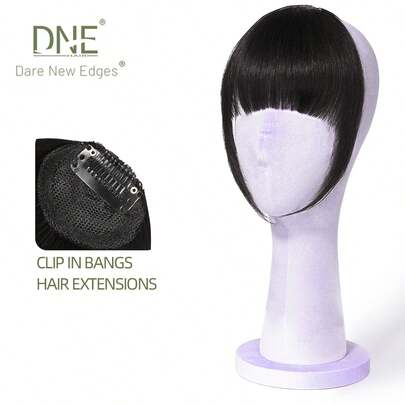 DNE HAIR Tóc mái kẹp 100% tóc thật, màu đen tuyền, kiểu tóc mái có phần thái dương, tóc mái giả bằng tóc thật, trông tự nhiên, phù hợp cho nữ/bé gái sử dụng hàng ngày.