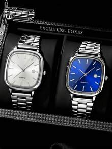 Set Jam Tangan Bisnis Pria Mewah 2 Buah, Termasuk Dua Jam Tangan dengan Tali Stainless Steel Persegi Warna Putih dan Biru, Penanda Bar Minimalis dengan Desain Jendela Tanggal. - MultiWarna - View 10