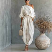 2026 New Spring Summer Cotton Linen Loose Fit Wide Leg Tops And Lantern Pants Set For Women Casual Outfits Fashion European American Style - 米白色 - 查看 8
