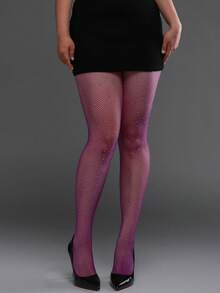 1条性感弹力紧身裤，搭配全腿闪亮水钻镂空渔网袜，薄款春夏女士连裤袜，塑身打底裤，Y2K时尚百搭，适合万圣节、圣诞节、旅行、度假、夜店、约会等场合。 - 紫色 - 查看 2