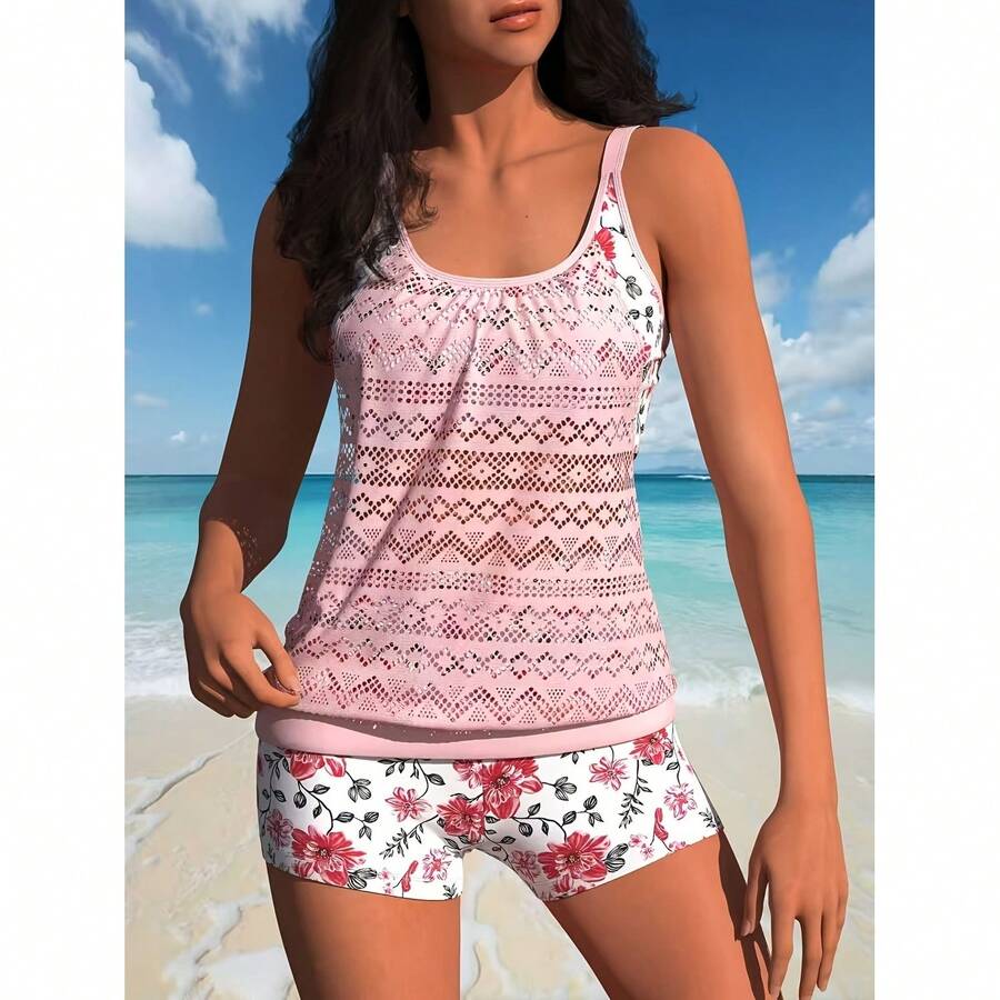 Light Pink Tankini Swimsuit For Women, Floral Print Two Piece Bathing Suit, Mesh Lace Details, Tummy Control Boyshorts, Modest Swimwear For Vacation - 多色71 - 查看 1
