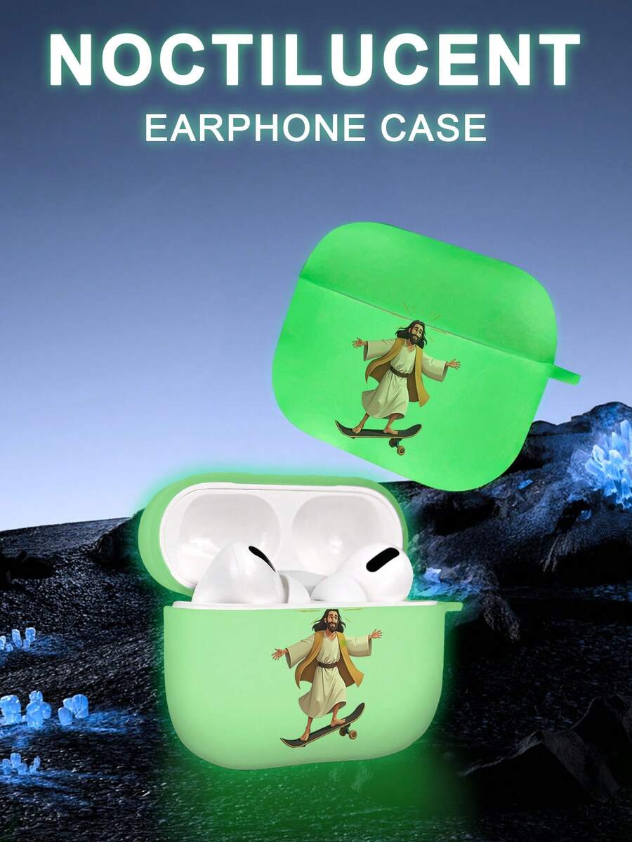 Jesus Skateboarding Cartoon Fun Pattern, Night Fluorescent Split Case, Matte Finish, Earphone Case Compatible With Apple Airpods4/3/1/2/Pro/Pro 2/Pro 3 Quality Goods, Unique Design. Fun, Cartoon-Style, Creative - View 1