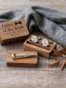 1 Set Personalized Walnut Cufflinks And Tie Clip Set, Handcrafted Engraved Business Gift Box, Custom Formal Accessories, Groomsmen Gift, Suitable For Gifting To Parents, Boyfriend/Girlfriend, Best Man Gift - Multicolor - View 3