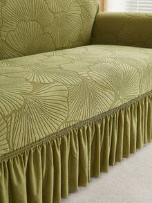 1pc Jacquard Leaf Pattern Ruffled Elastic Sofa Cover, Dust-Proof And Dirt-Resistant, Stretch-To-Fit Full Coverage Sofa Protector, Home Decor, Machine Washable, Pillow Cover Not Included - Olive Green - View 5