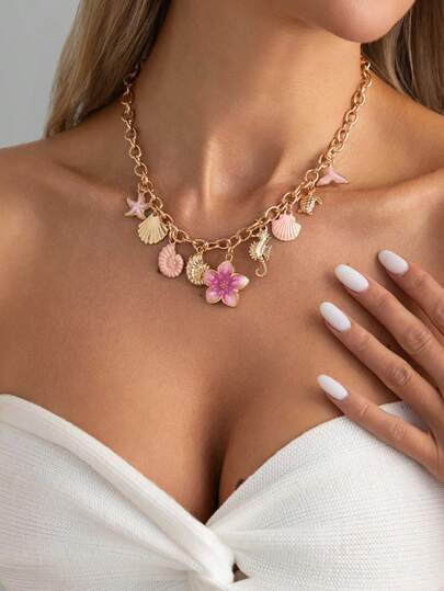 1件海洋度假风几何金属链项链，饰有珐琅花朵、贝壳、海星、海马吊坠，奢华优雅，适合婚礼、派对、日常休闲、街拍，是女士和情侣节日生日礼物的理想之选。