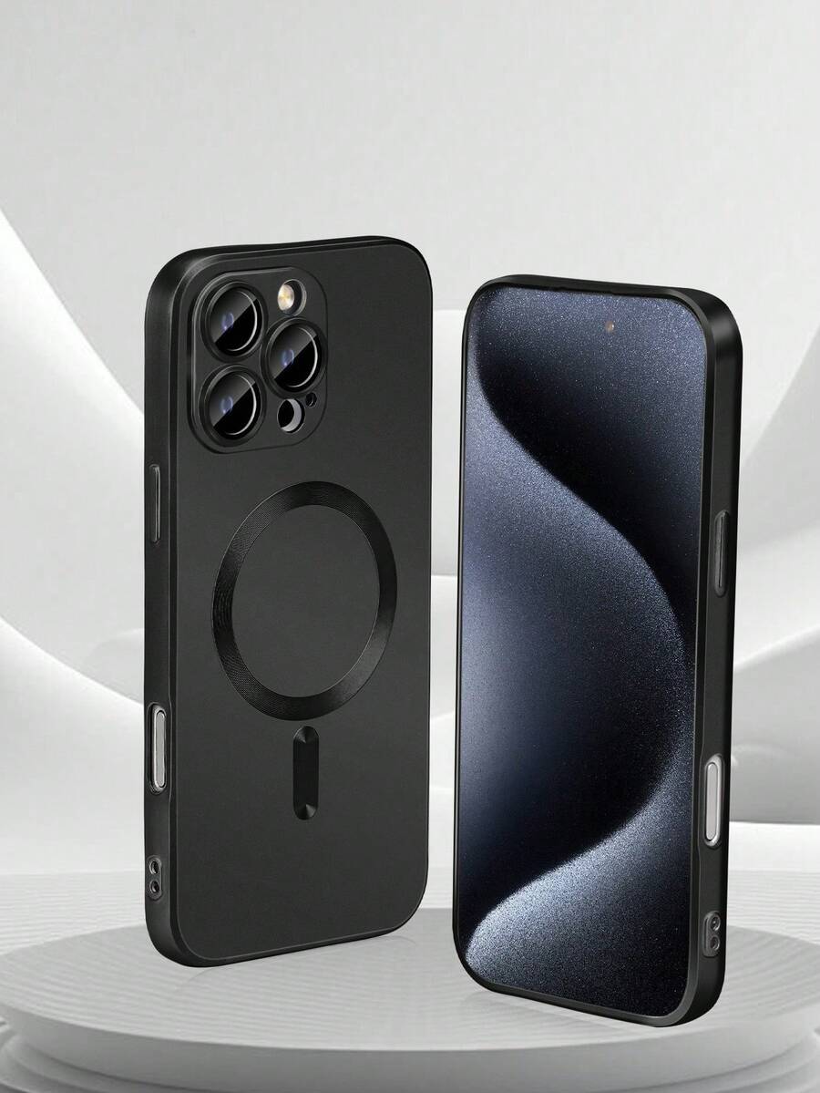 1pc Black Magnetic Matte Spray Oil Metal Skin Feel Lens Film, Liquid Silicone Magnetic Wireless Charging Anti-Fingerprint Full-Body Shockproof Phone Case Compatible With Apple