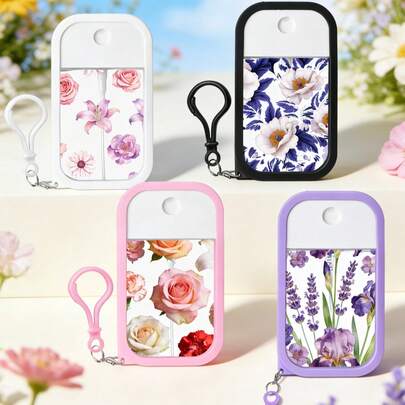 Bộ 1 chai xịt 50ml kèm vỏ bảo vệ bằng silicon, họa tiết hoa mùa hè, hình vuông, chống rơi và va đập, có dây đeo.