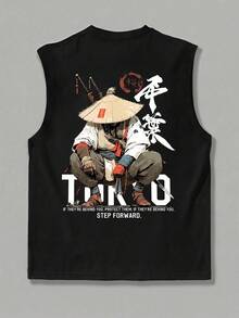 男士夏季休闲无袖印花圆领背心，1件装，适合运动、健身和日常穿着。 - 黑色 - 查看 2