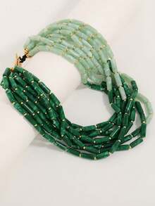 Collar de cuentas verde degradado multicapa exagerado, gargantilla retro, accesorio versátil y de moda - Degradado - Ver 5