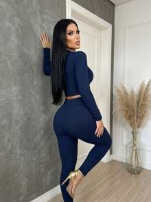 Leggings And Long-Sleeved Blouse Set - Màu xanh hải quân - Xem 6