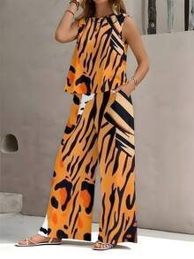 Animal Print Style Women's Vest And Straight-Leg Pants Set  Leopard And Tiger Pattern Summer And Autumn Wear For Gift To Friends And Family_pt103_01 - 混合色 - 查看 1