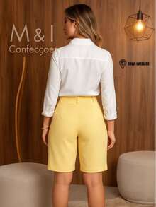 BERMUDA ALFAIATARIA CANDY COLOR VERSÁTIL TENDENCIA VERÃO CASUAL COM BOLSOS ELEGANTE CINTURA ALTA - amarelo claro - Visão 2