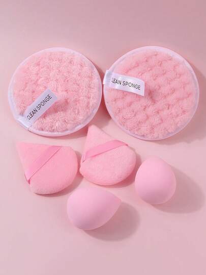 6件套粉色化妆海绵粉扑套装，干湿两用，柔软天鹅绒三角粉扑和圆形散粉扑，适用于粉底液、散粉、遮瑕膏，打造无瑕妆容，专业化妆工具，日常旅行必备