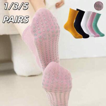 1/3/5 Pairs Women's Solid Color Yoga Socks, Non-Slip Grip, Pilates Grip Socks, Cute Barre Non-Slip Exercise Ankle Socks For Workout, Hospital