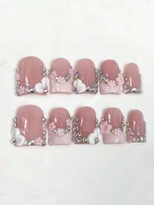 10pcs Pink 3D Carved Short Square Nail Tips, Delicate Y2K Chic Decorated Minimalist French Manicure, Suitable Daily Wear, Press-On Nails, Nail Art Supplies Women - Phong cách hình ảnh chính - Xem 2