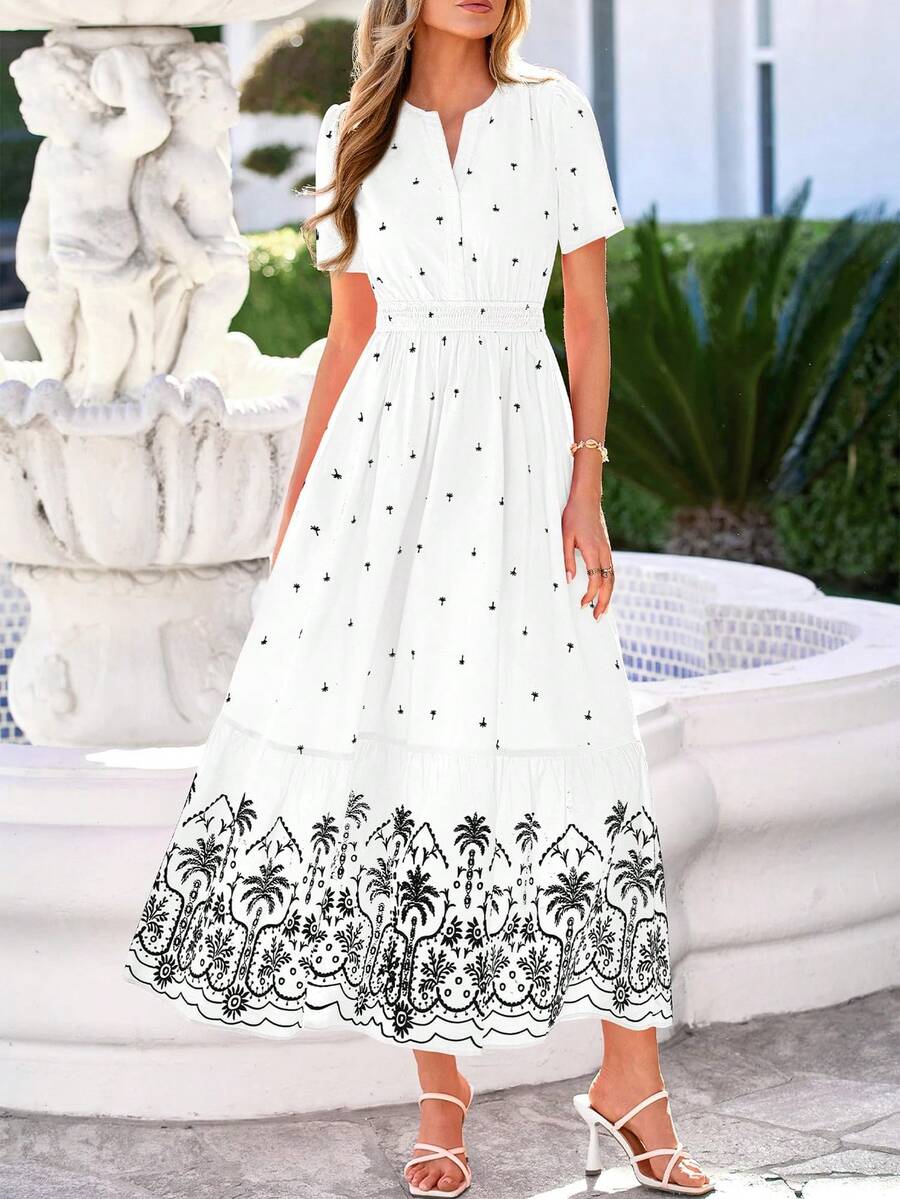 Women Summer Boho Floral V Neck Short Sleeve Flowy Long Dress Casual Hawaii Beach Vacation Holiday Wedding Guest Maxi Dress Outfits - 白色黑色 - 查看 1
