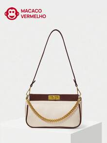 Women's Shoulder Bag With Color-Block Chain - Black and White - View 1